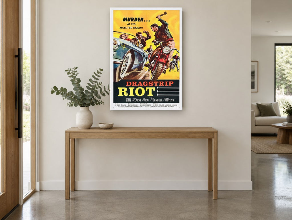 Dragstrip Riot Murder vintage canvas print on the wall of a entry hall
