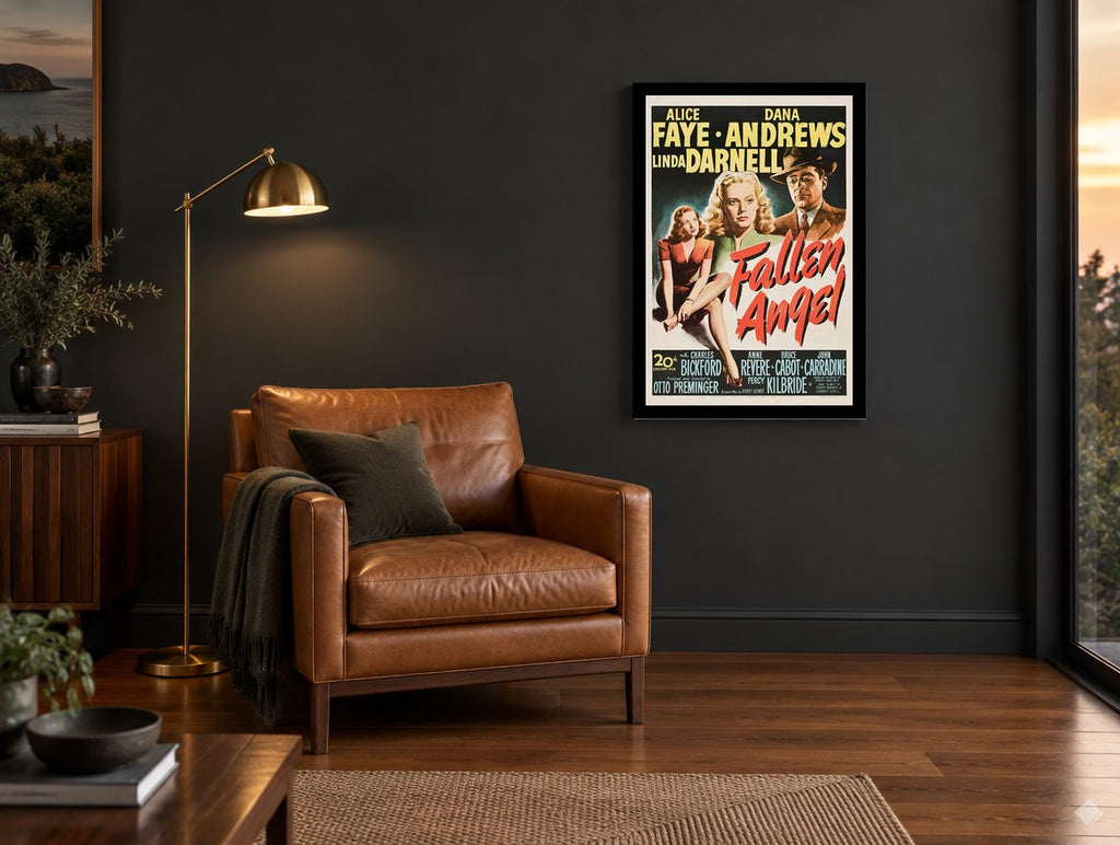Fallen Angel Film Noir vintage canvas print on the wall of a charcoal living room