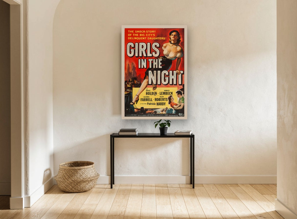 Girls in the Night vintage canvas print on the wall of a hallway