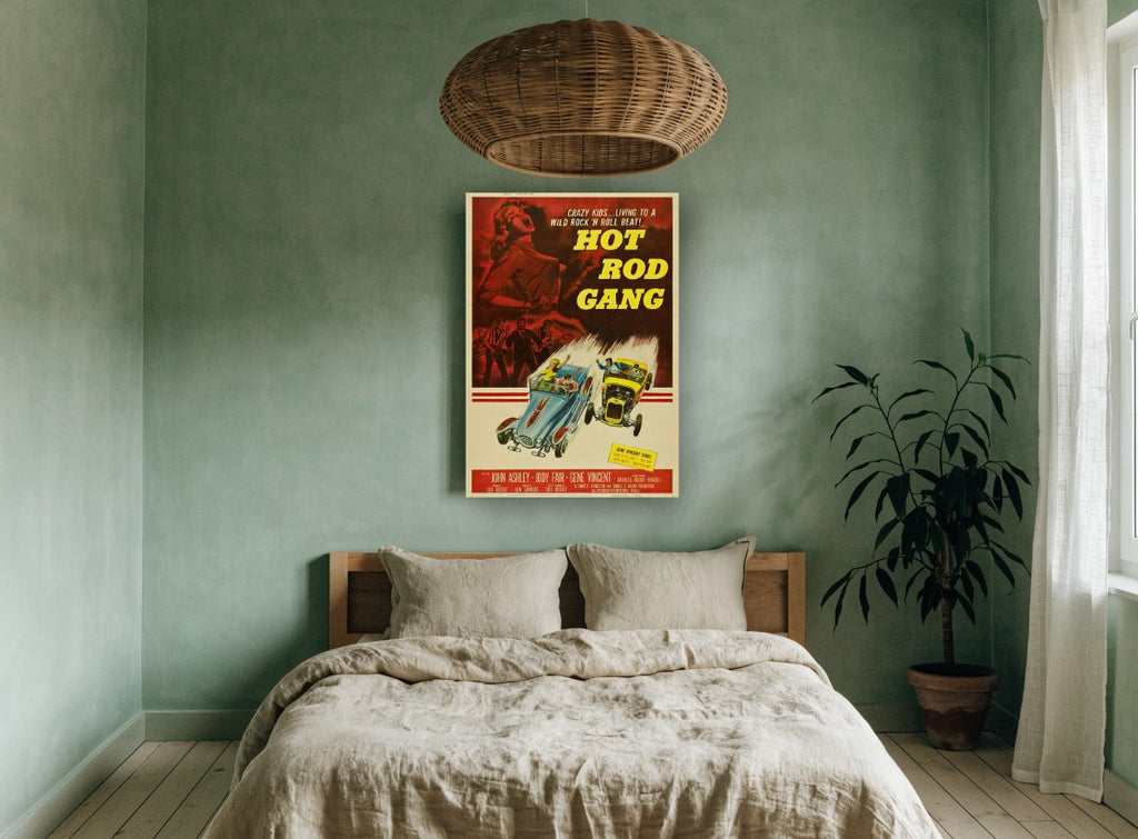 Hot Rod Gang Rock 'n' Roll vintage canvas print on the wall of a bedroom