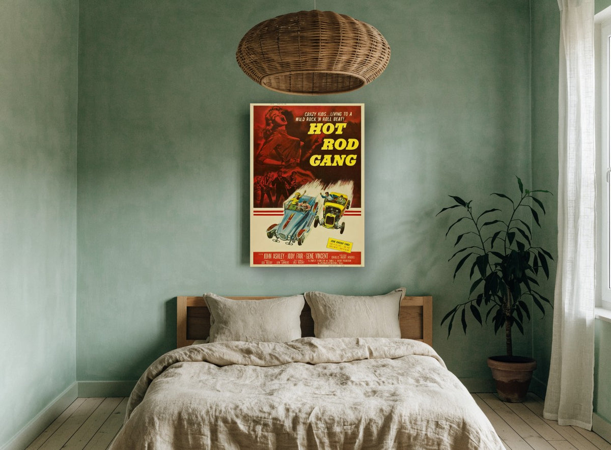 Hot Rod Gang Rock 'n' Roll vintage canvas print on the wall of a bedroom