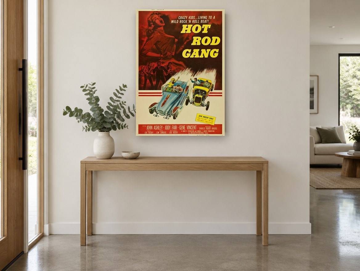 Hot Rod Gang Rock 'n' Roll vintage canvas print on the wall of a entry hall