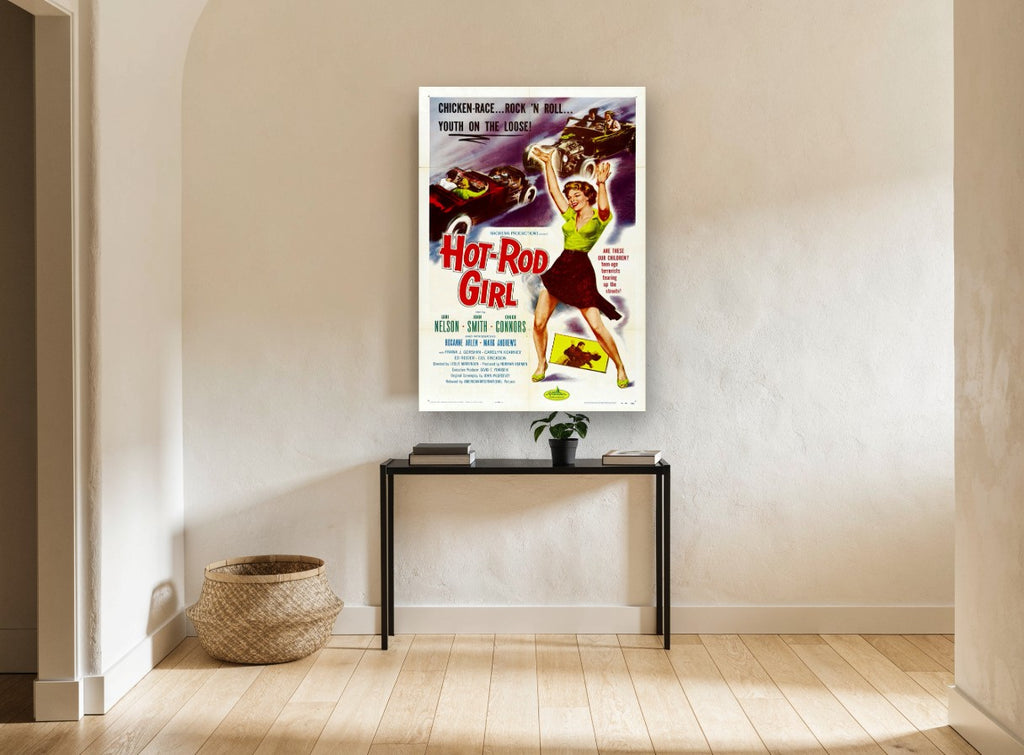 Hot-Rod Girl Showdown vintage canvas print on the wall of a hallway