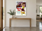 Hot-Rod Girl Showdown vintage canvas print on the wall of a entry hall