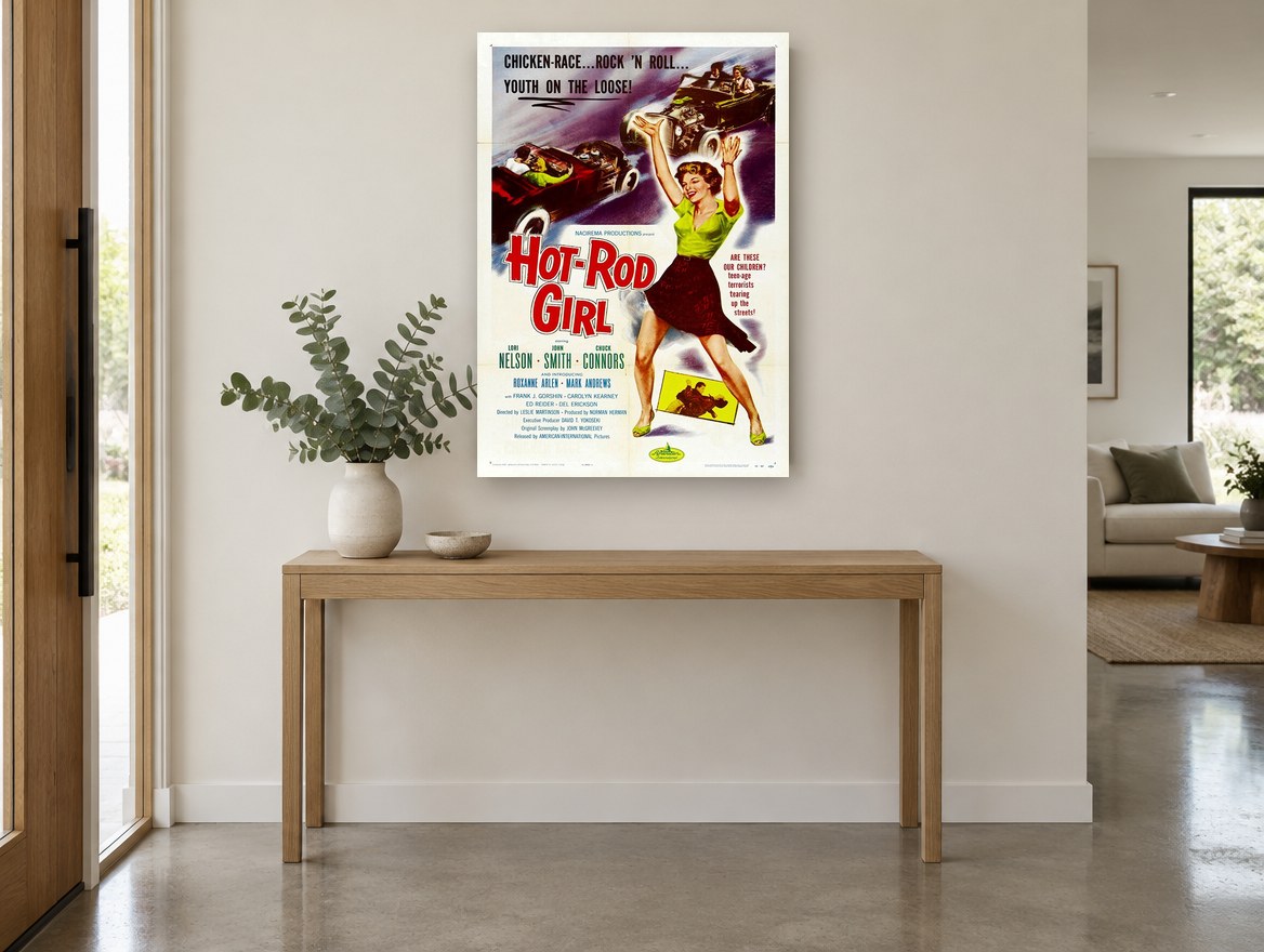 Hot-Rod Girl Showdown vintage canvas print on the wall of a entry hall