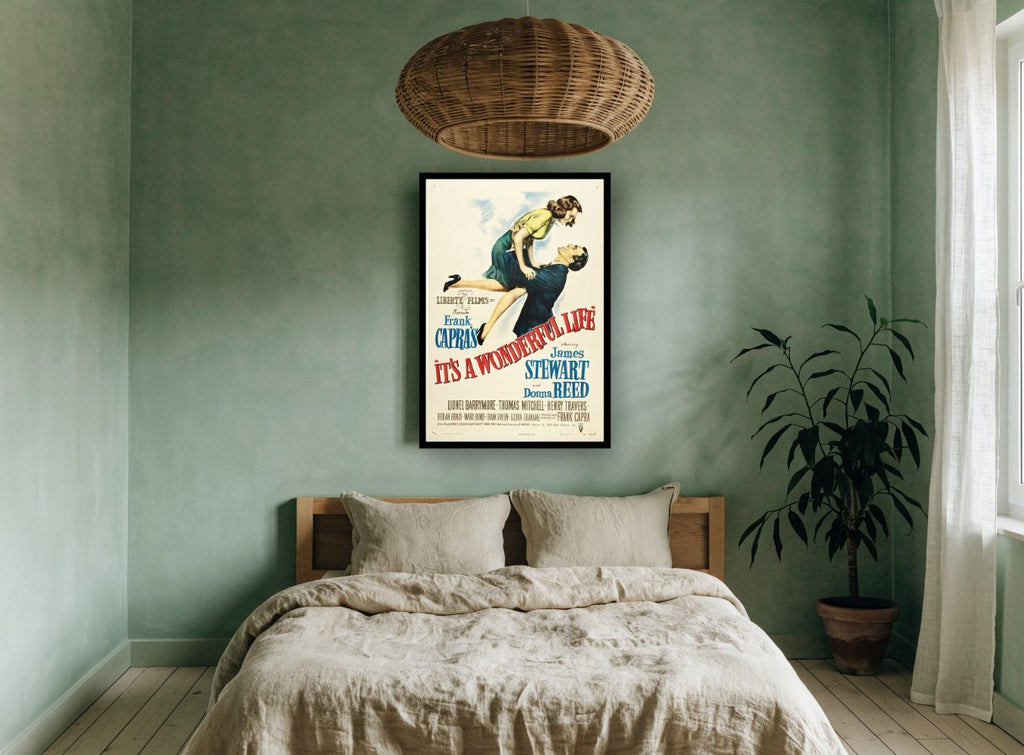 It's a Wonderful Life vintage canvas print on the wall of a bedroom