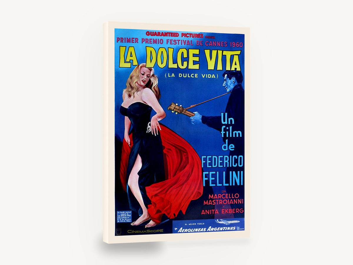 Dolce Vita Red Gown, vintage la dolce vita movie poster, stretched canvas wall art print ready to hang
