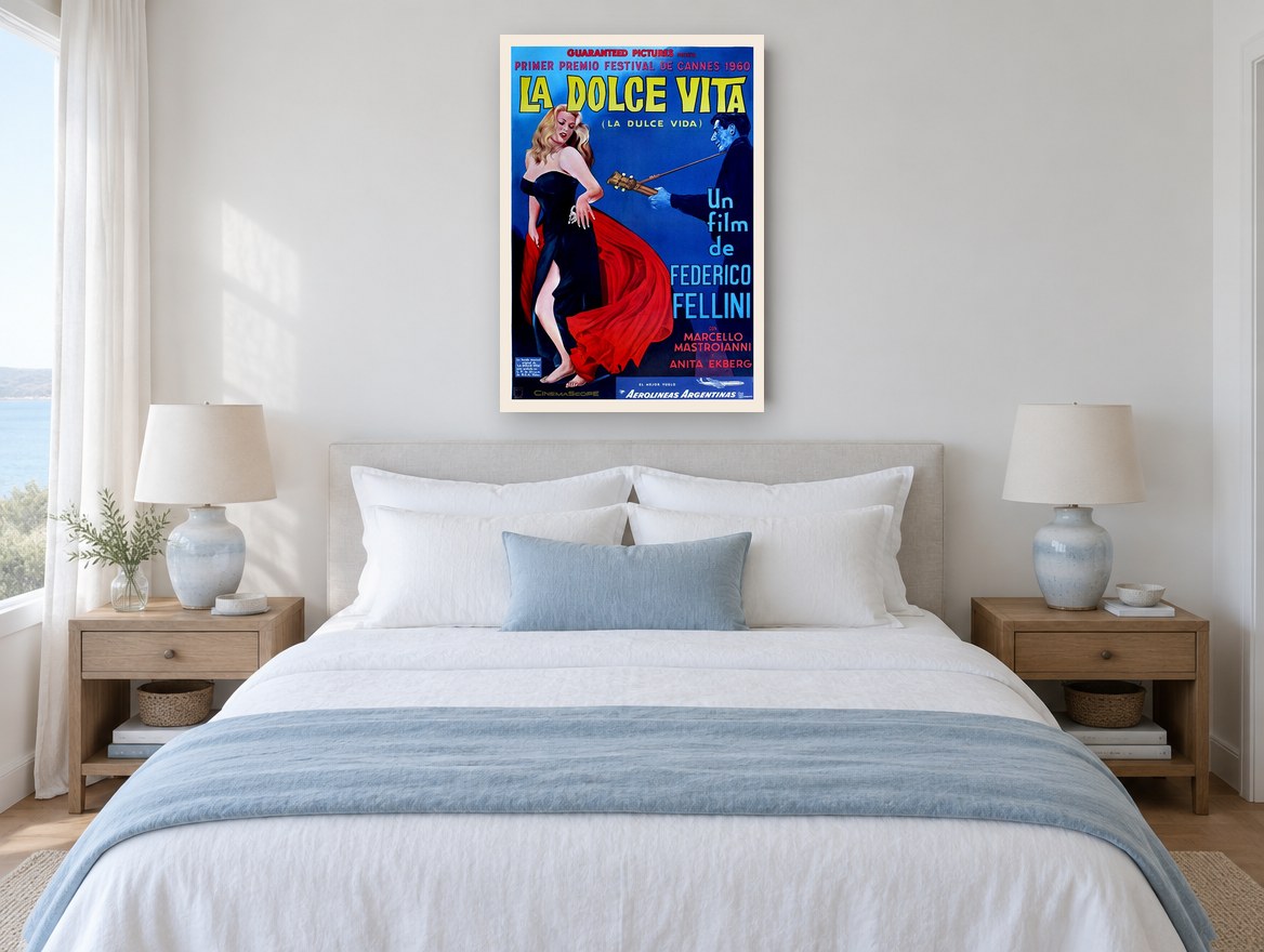 Dolce Vita Red Gown vintage canvas print on the wall of a coastal bedroom