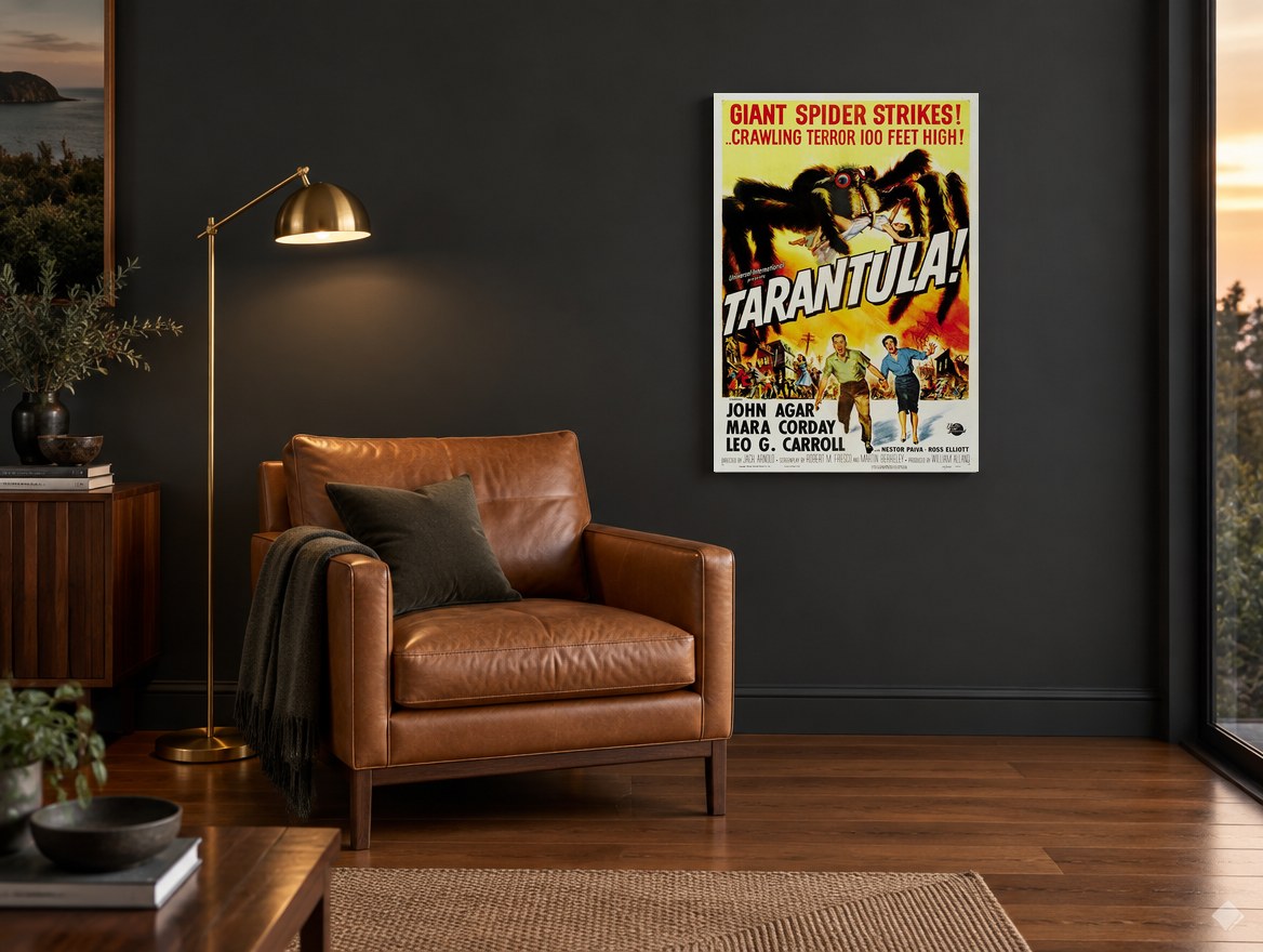 Crawling Terror Tarantula vintage canvas print on the wall of a charcoal living room