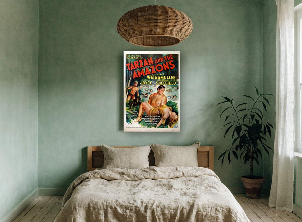 Tarzan Among the Amazons vintage canvas print on the wall of a bedroom