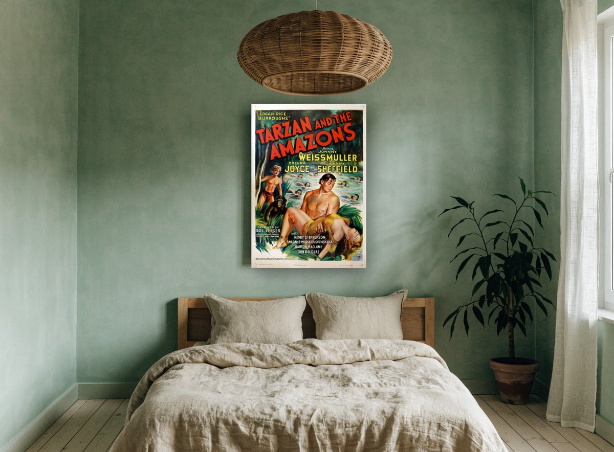 Tarzan Among the Amazons vintage canvas print on the wall of a bedroom