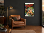 Tarzan Among the Amazons vintage canvas print on the wall of a charcoal living room