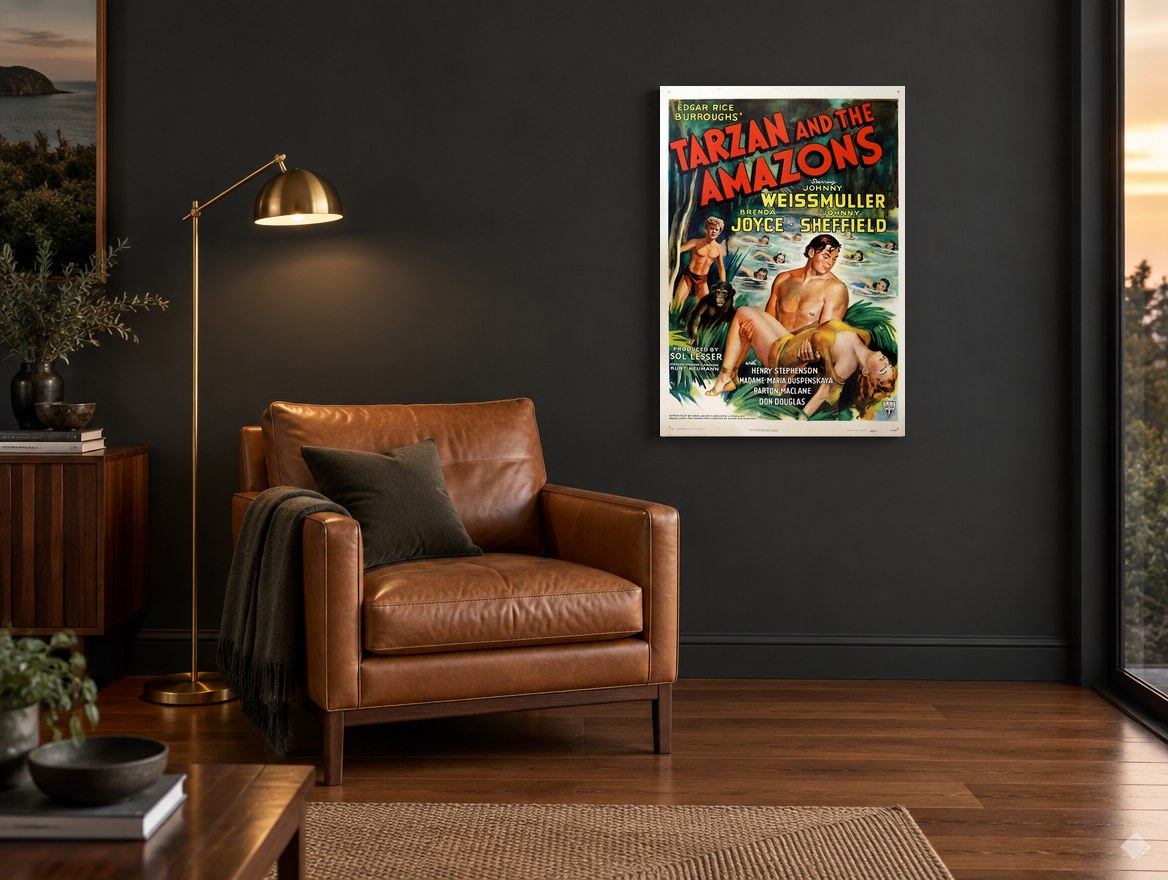 Tarzan Among the Amazons vintage canvas print on the wall of a charcoal living room