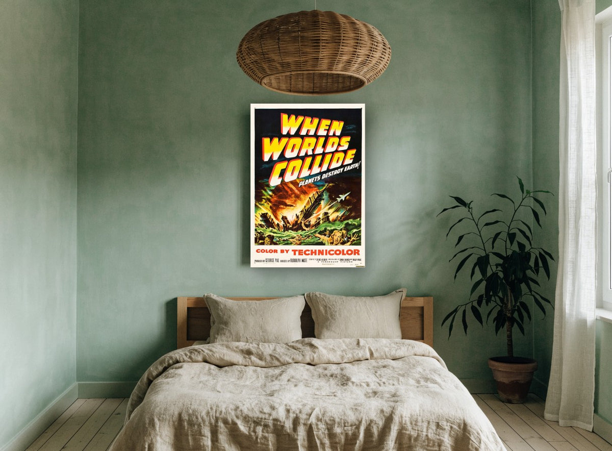 Planets Destroy Earth vintage canvas print on the wall of a bedroom