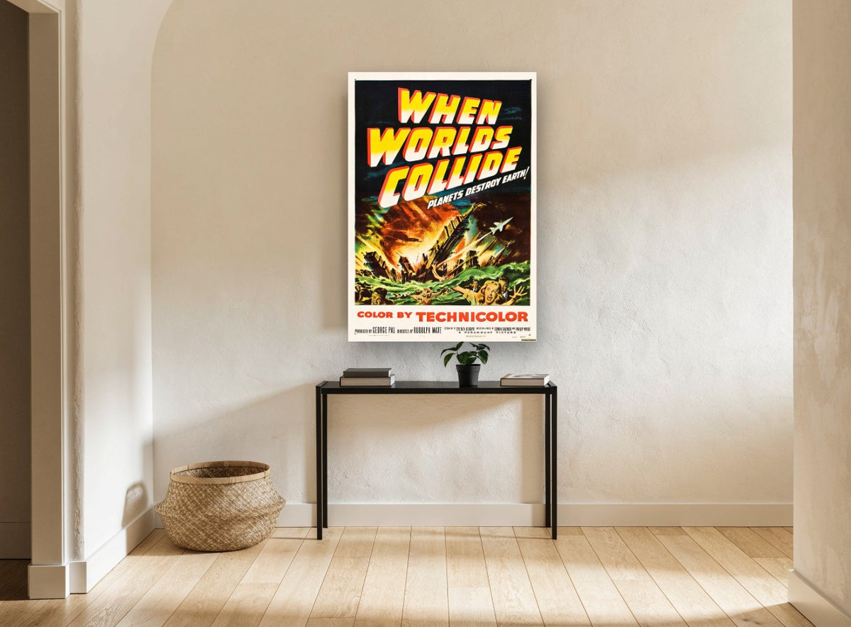 Planets Destroy Earth vintage canvas print on the wall of a hallway