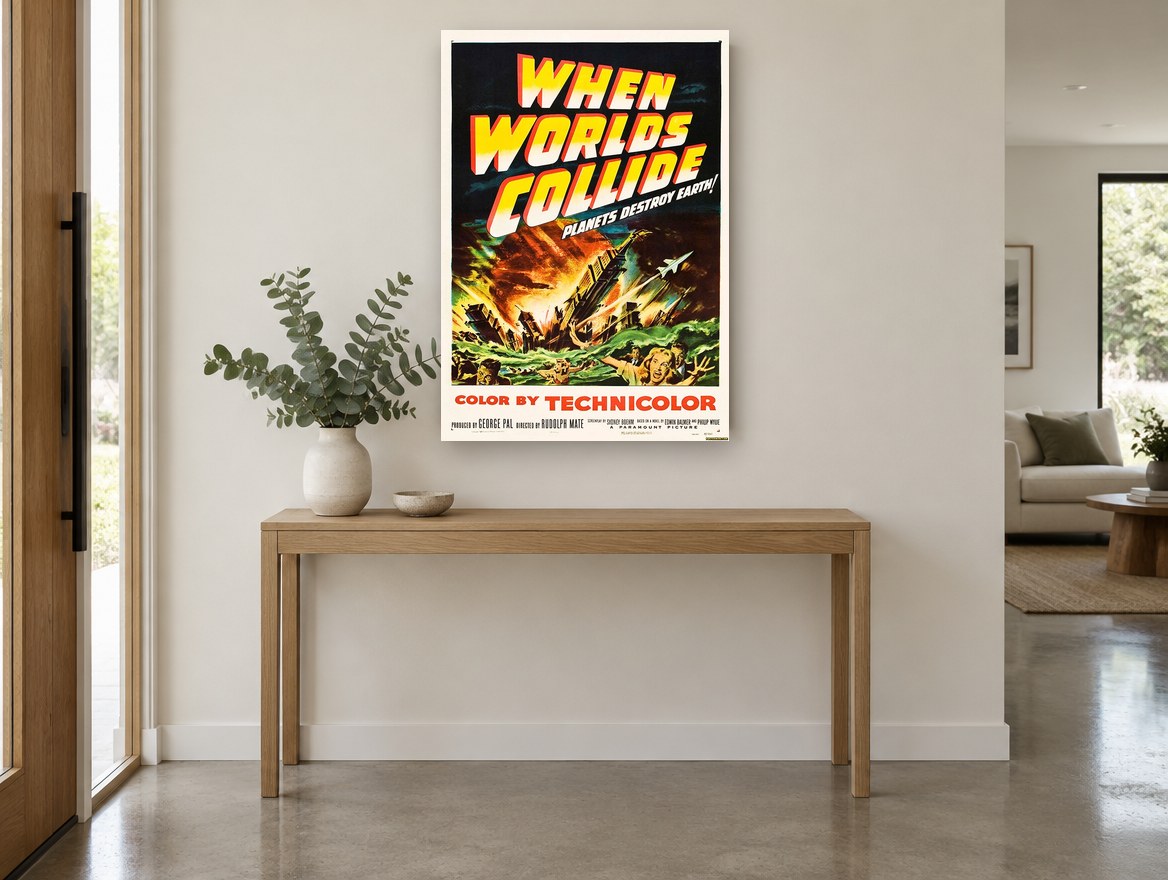 Planets Destroy Earth vintage canvas print on the wall of a entry hall