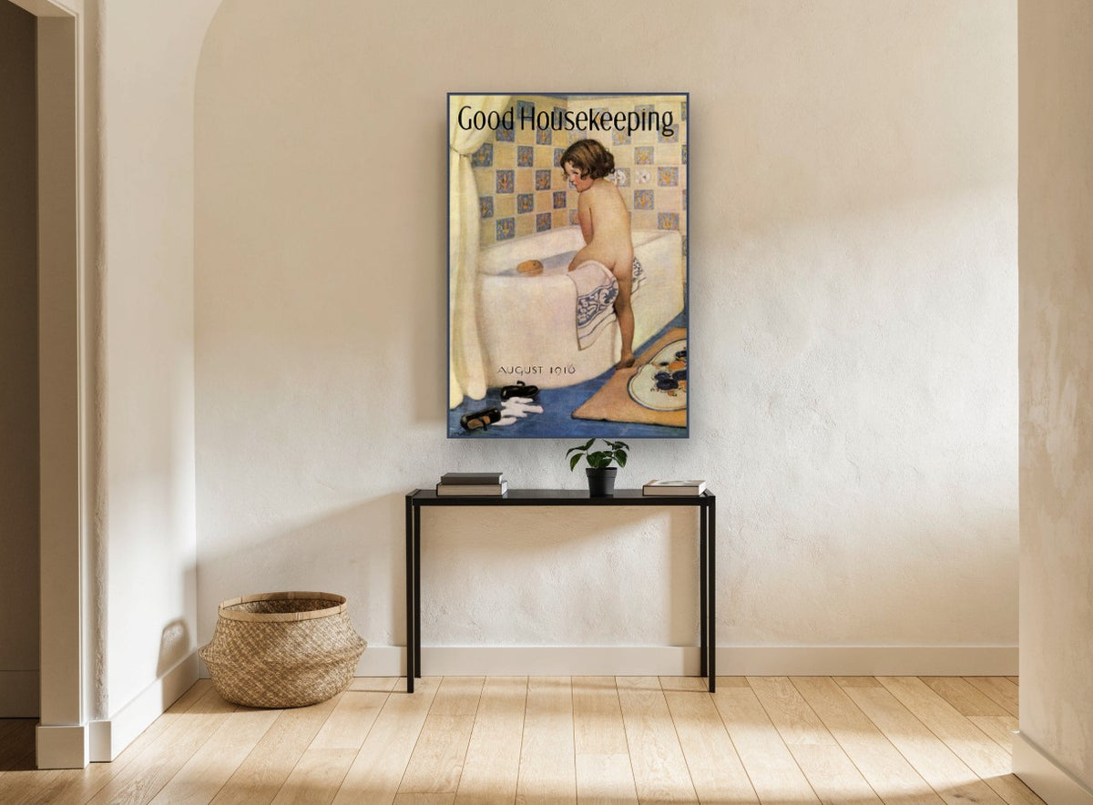 Bath Time Child vintage canvas print on the wall of a hallway