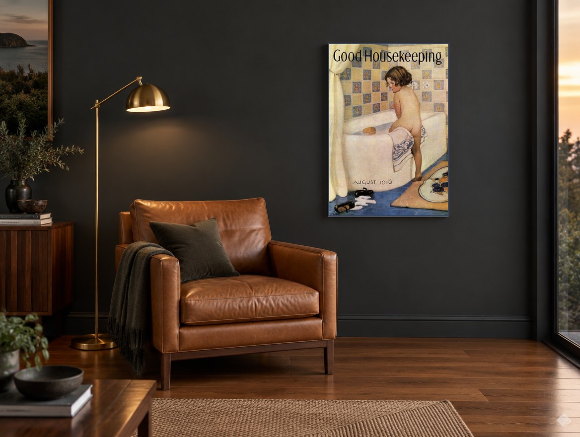 Bath Time Child vintage canvas print on the wall of a charcoal living room