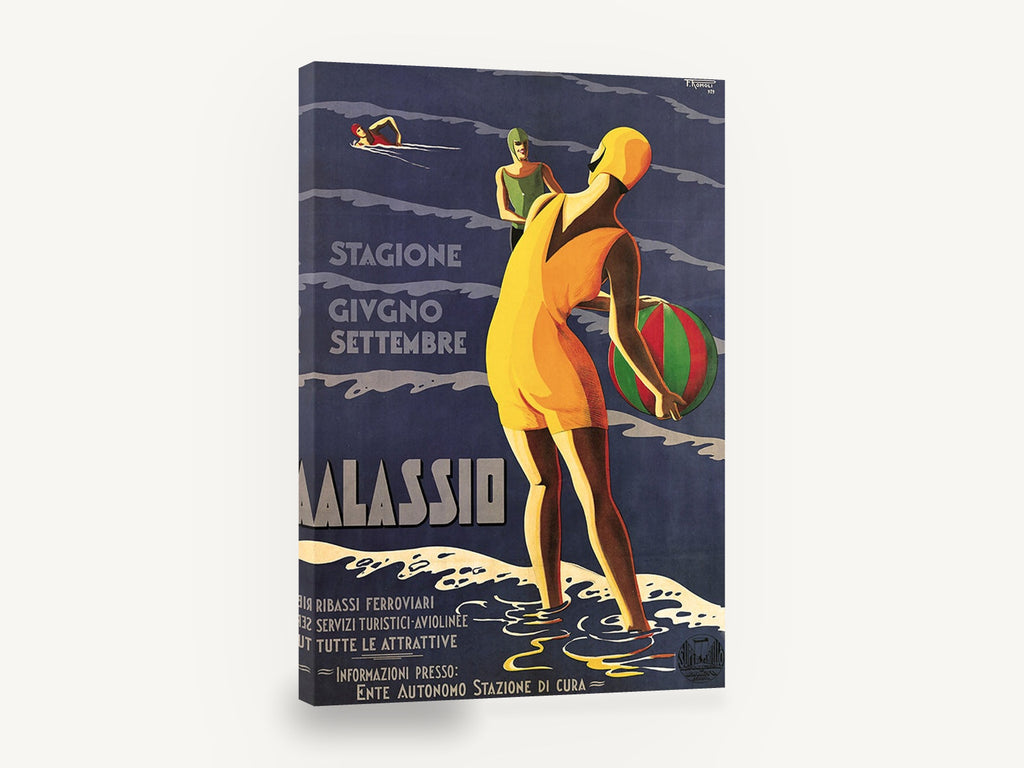 Alassio Beach Season, vintage alassio italian beach travel poster, stretched canvas wall art print ready to hang