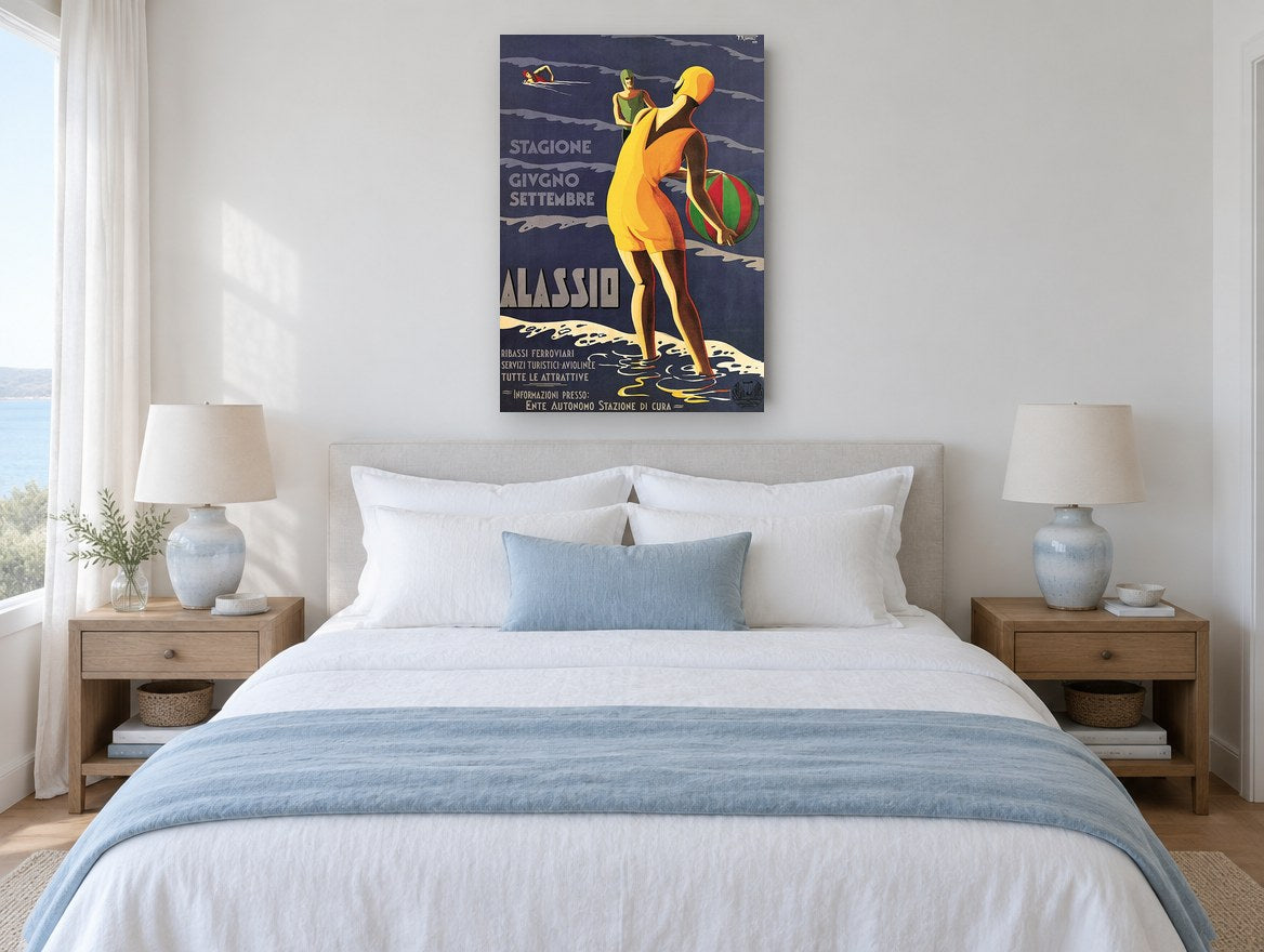 Alassio Beach Season vintage canvas print on the wall of a coastal bedroom