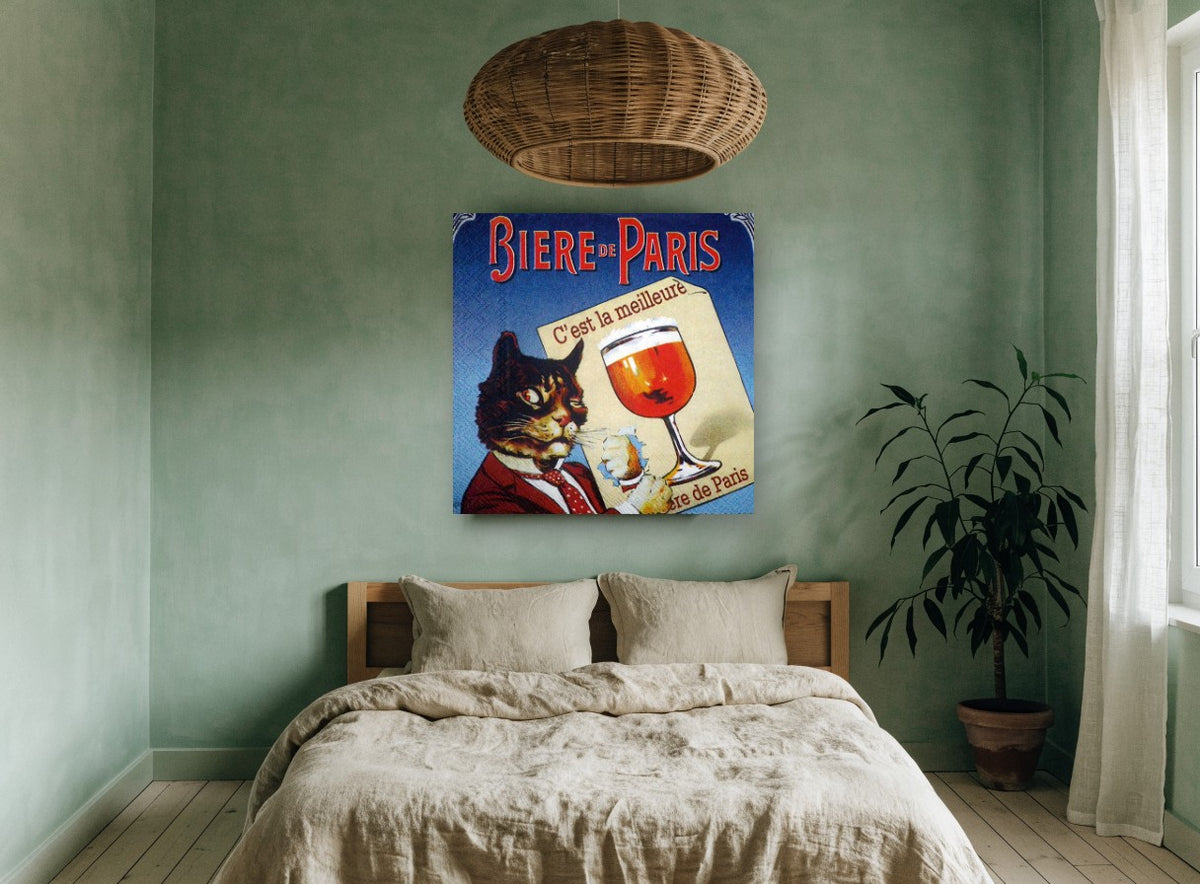 Beer Cat of Paris vintage canvas print on the wall of a bedroom