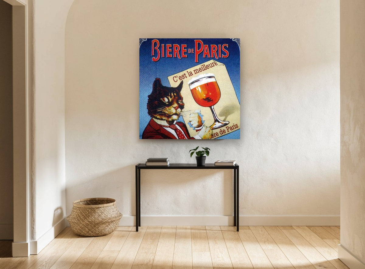 Beer Cat of Paris vintage canvas print on the wall of a hallway