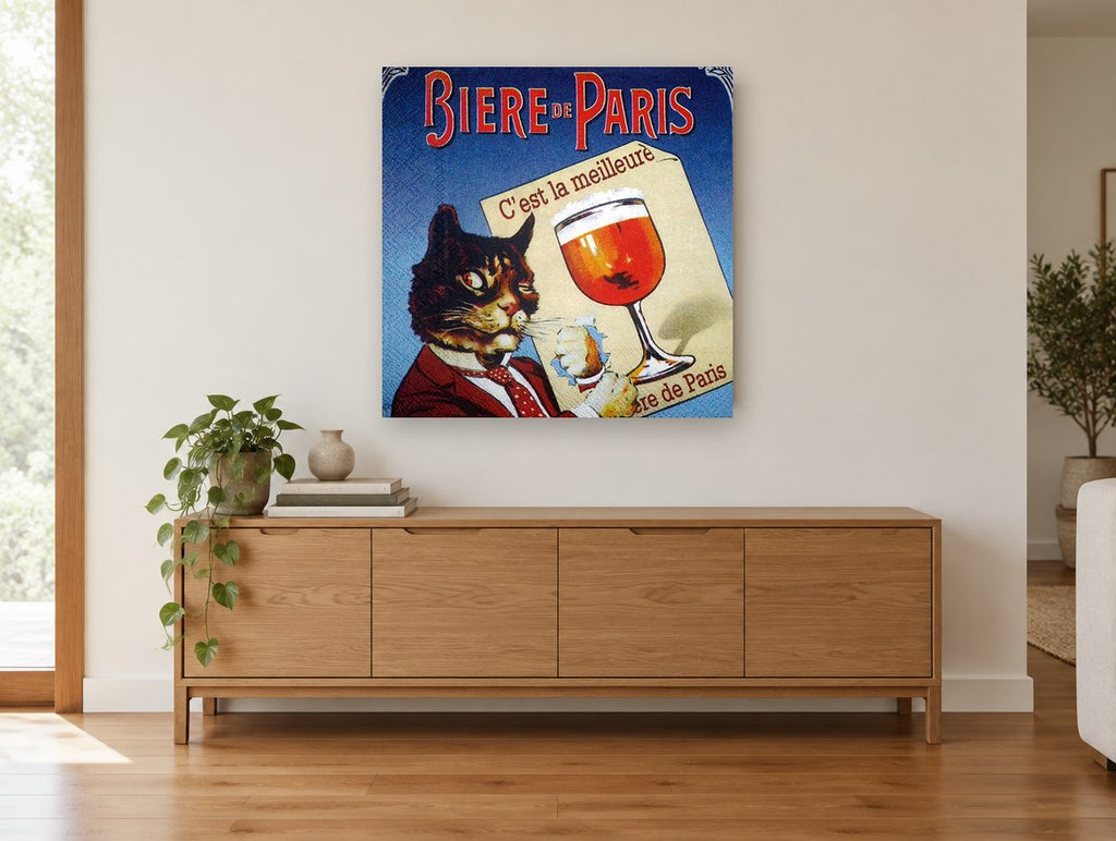Beer Cat of Paris vintage canvas print on the wall of a living room above a sideboard