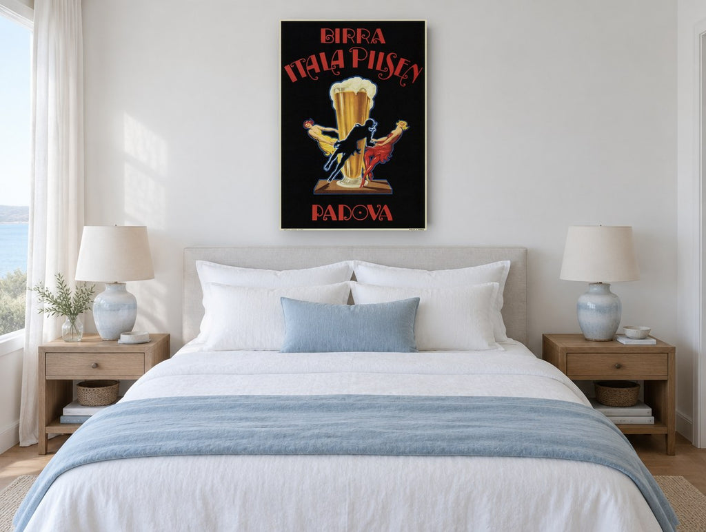 Itala Pilsen Padova vintage canvas print on the wall of a coastal bedroom
