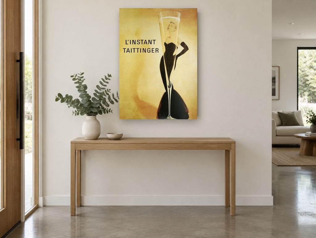 L'Instant Champagne Flute vintage canvas print on the wall of a entry hall