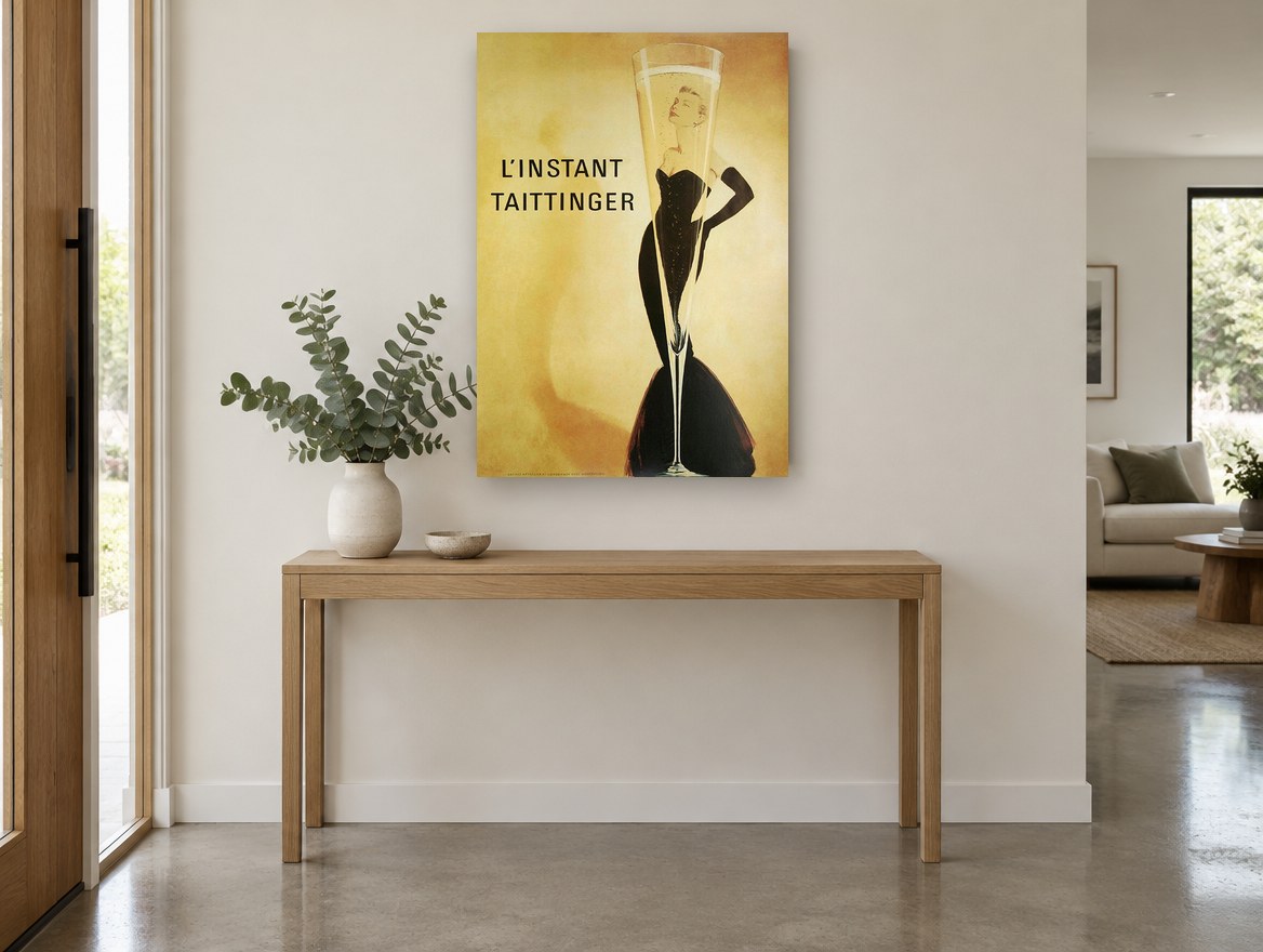 L'Instant Champagne Flute vintage canvas print on the wall of a entry hall