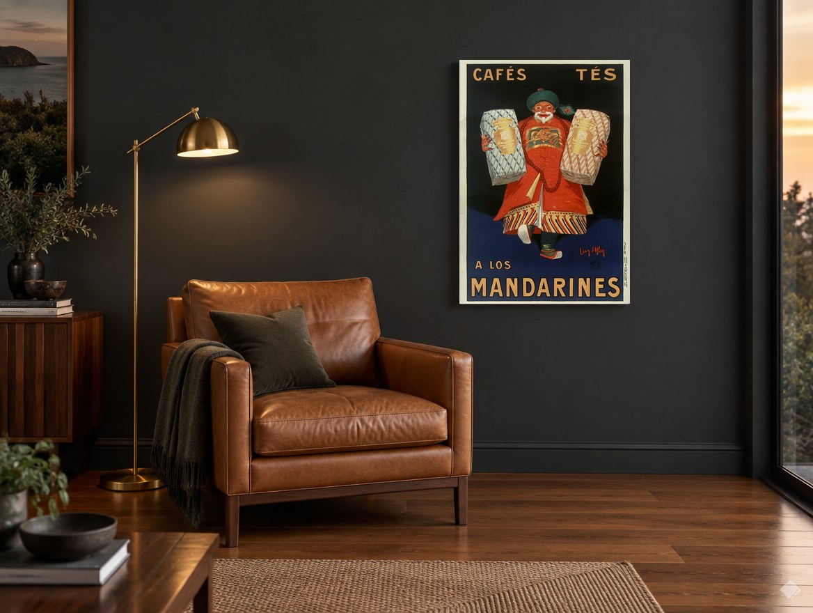 Mandarin Coffee Merchant vintage canvas print on the wall of a charcoal living room