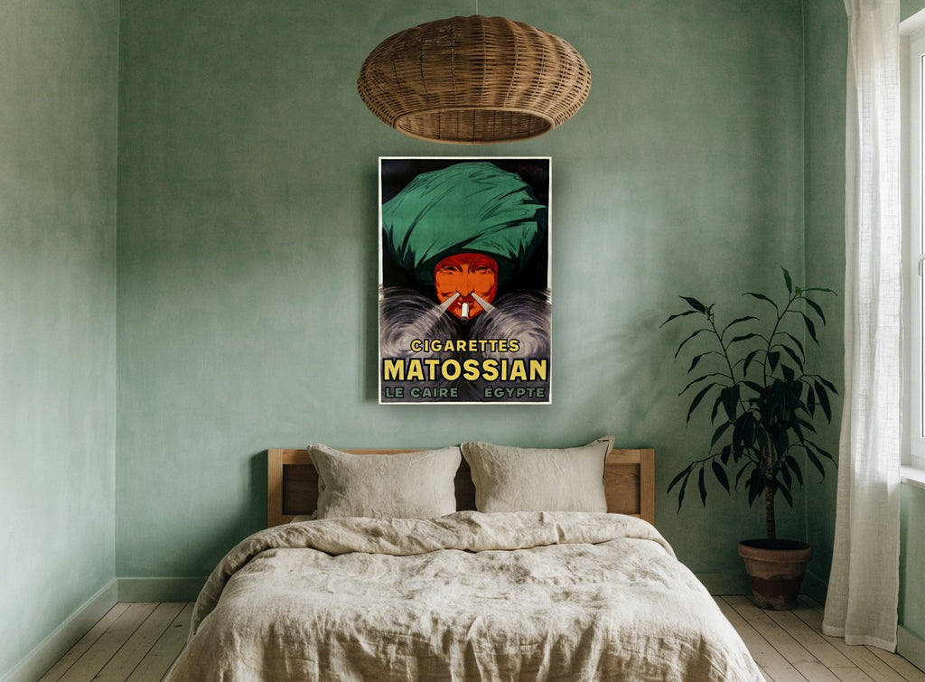 Smoke from the Green Turban vintage canvas print on the wall of a bedroom