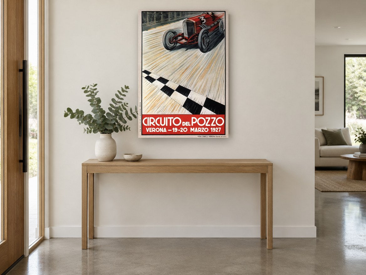 Verona Race Day 1927 vintage canvas print on the wall of a entry hall
