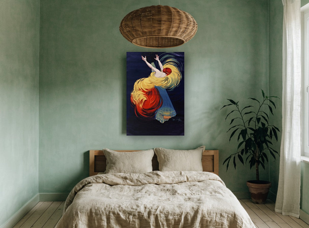 Falling Into Spotlight vintage canvas print on the wall of a bedroom
