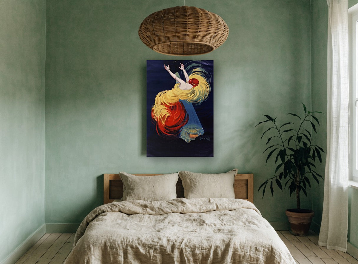 Falling Into Spotlight vintage canvas print on the wall of a bedroom