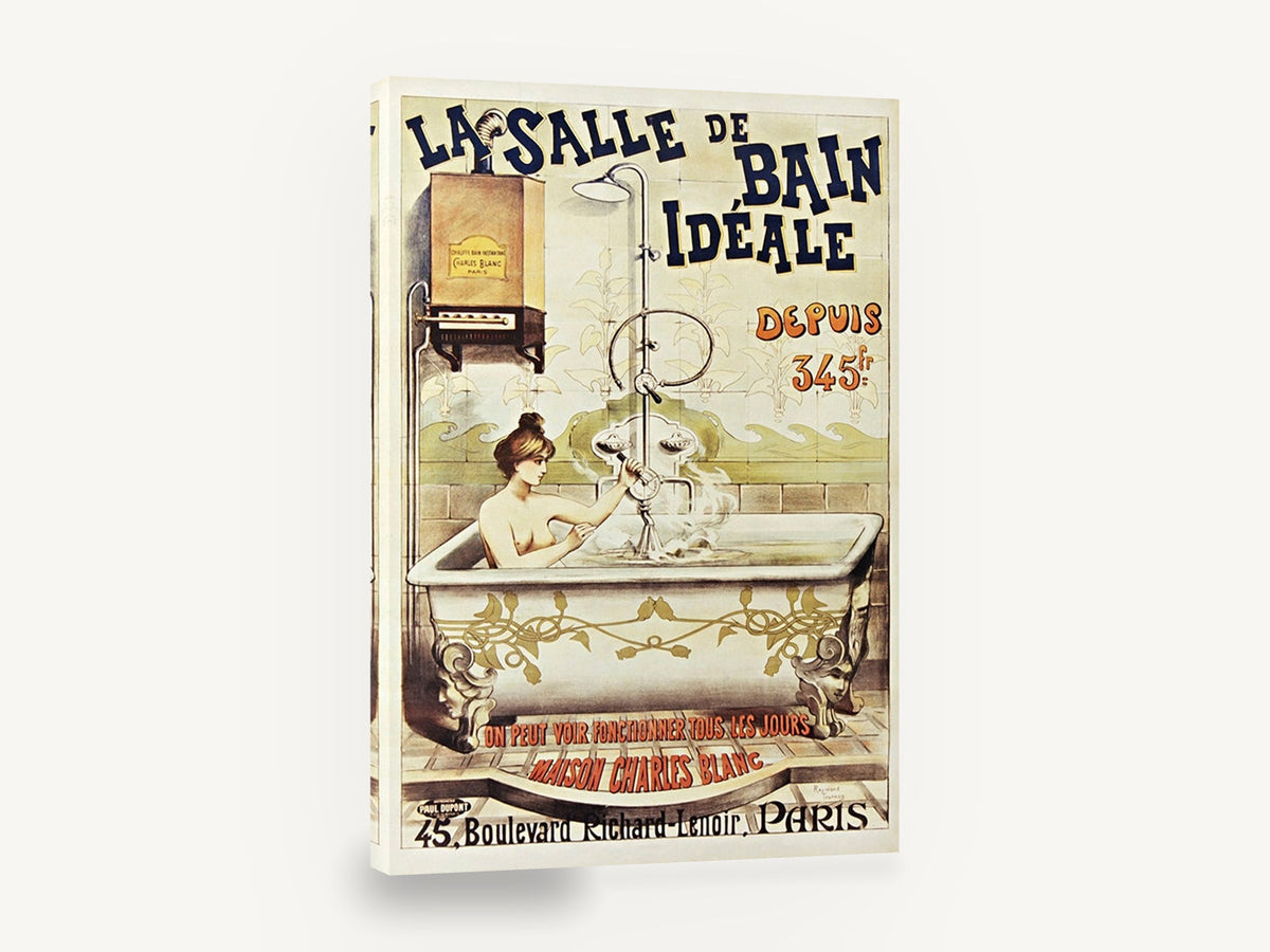 The Ideal Bathroom, vintage paris bathroom advertising poster, stretched canvas wall art print ready to hang