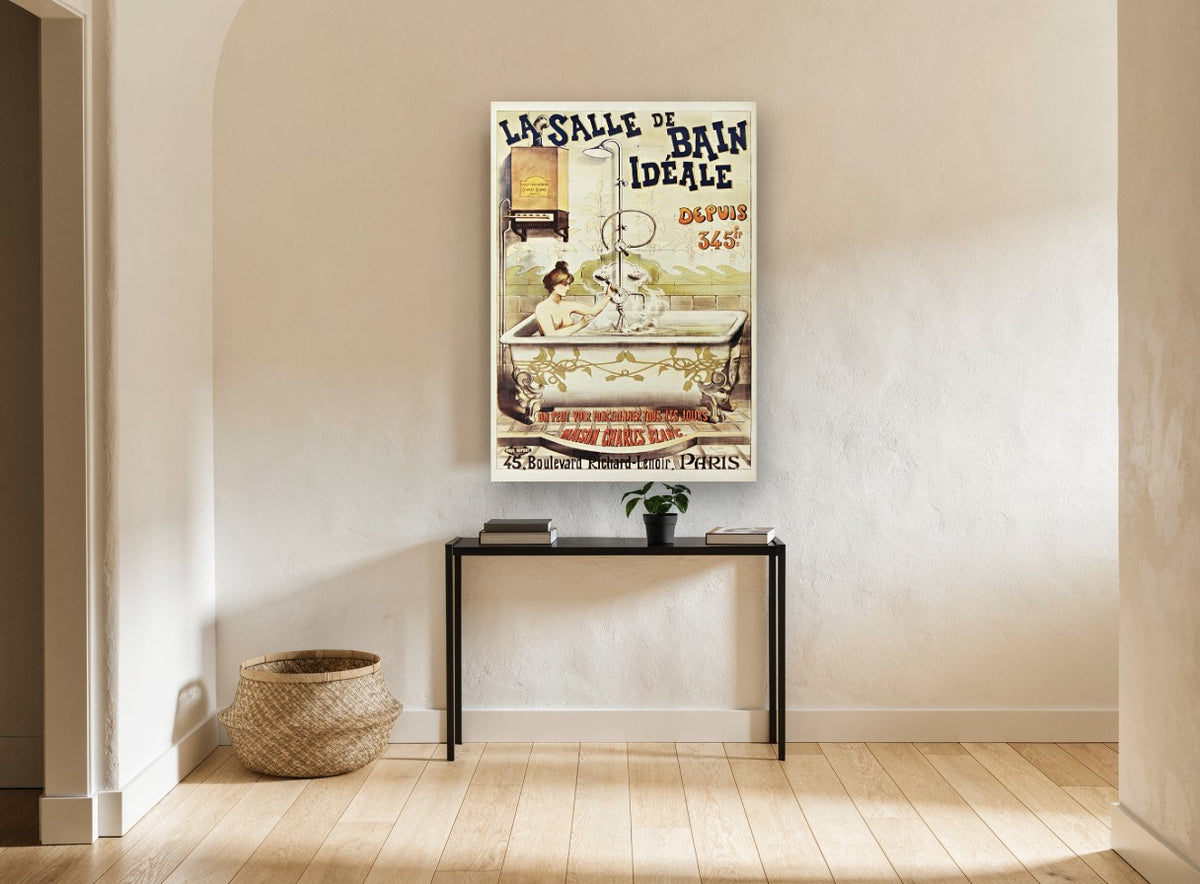 The Ideal Bathroom vintage canvas print on the wall of a hallway