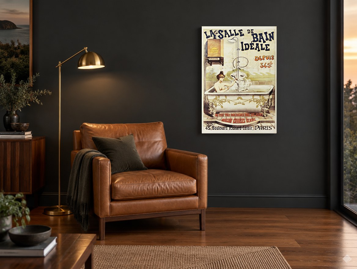 The Ideal Bathroom vintage canvas print on the wall of a charcoal living room