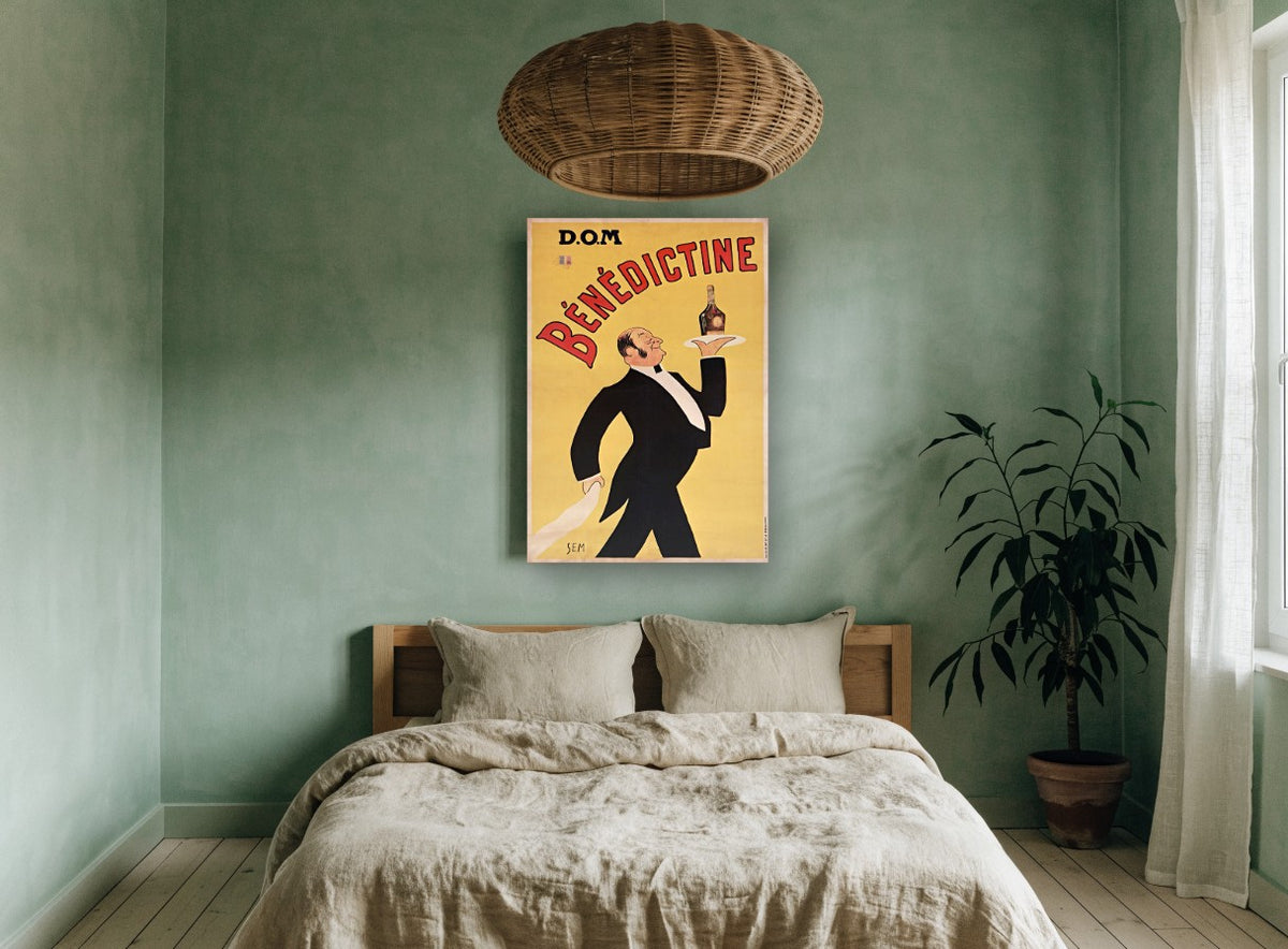 Benedictine Waiter Aloft vintage canvas print on the wall of a bedroom