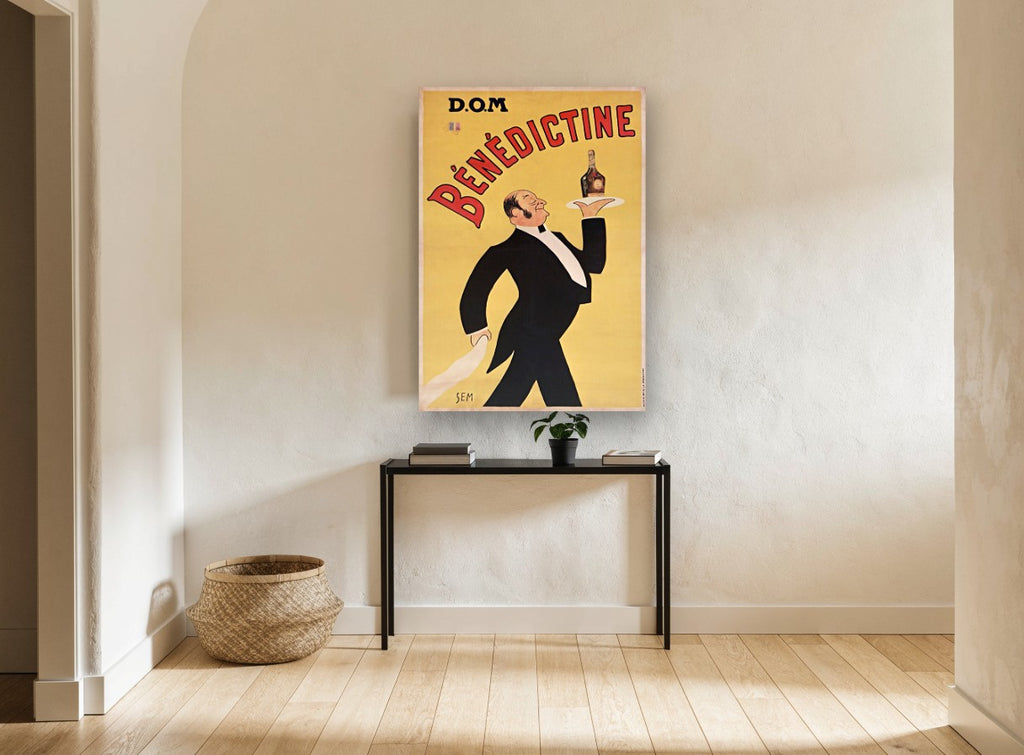 Benedictine Waiter Aloft vintage canvas print on the wall of a hallway