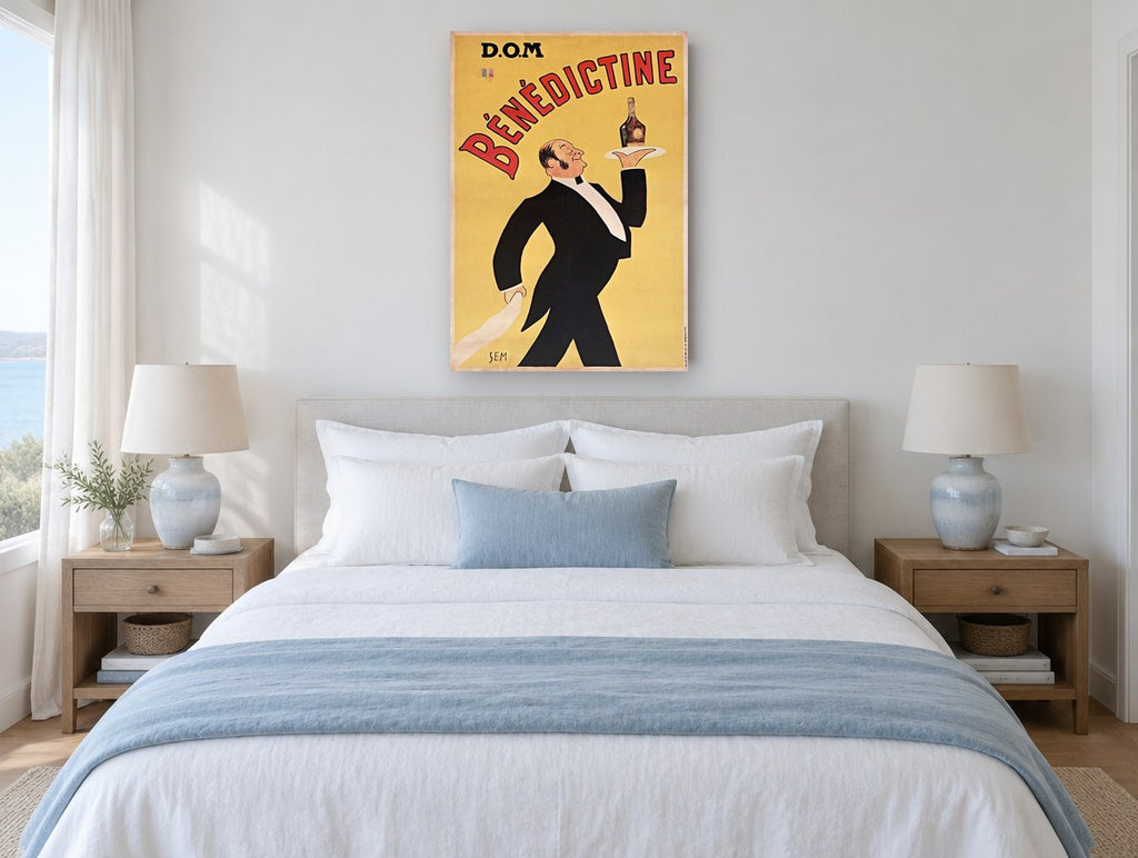 Benedictine Waiter Aloft vintage canvas print on the wall of a coastal bedroom