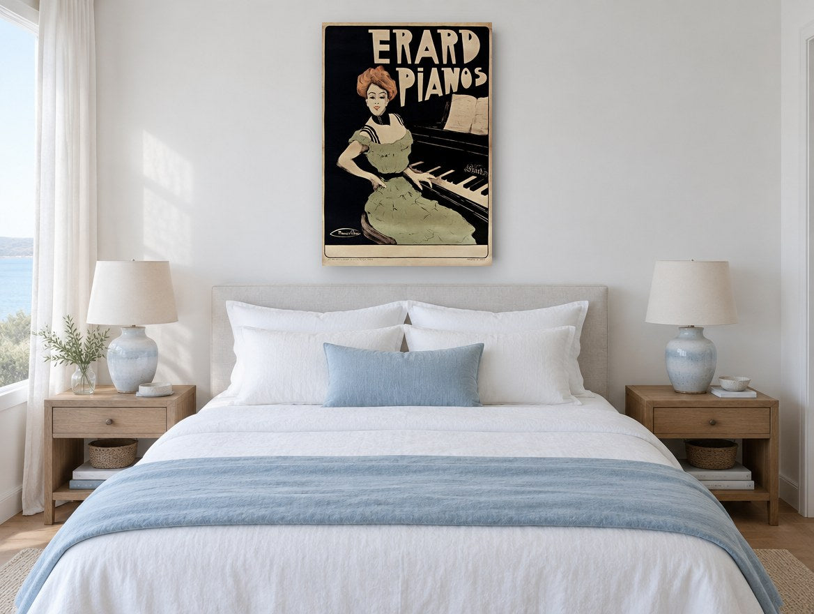 Erard Pianist in Green vintage canvas print on the wall of a coastal bedroom