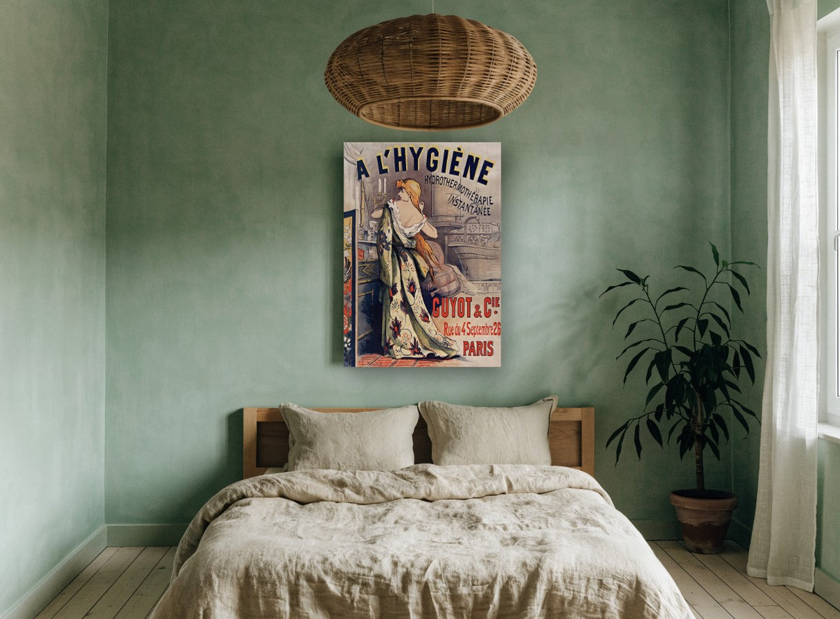 Bath Hour in Paris vintage canvas print on the wall of a bedroom