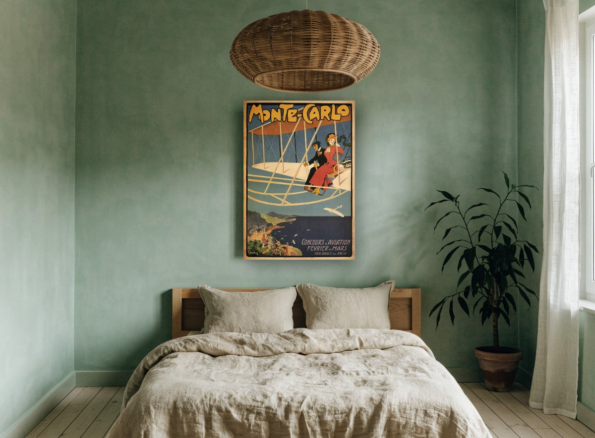 Monte-Carlo Aviation Meet vintage canvas print on the wall of a bedroom