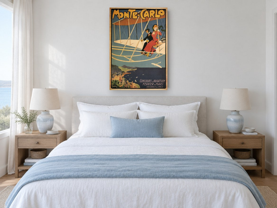 Monte-Carlo Aviation Meet vintage canvas print on the wall of a coastal bedroom