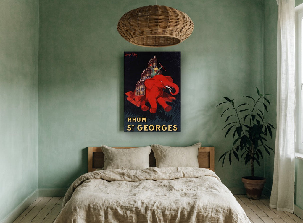 Red Elephant Rhum vintage canvas print on the wall of a bedroom