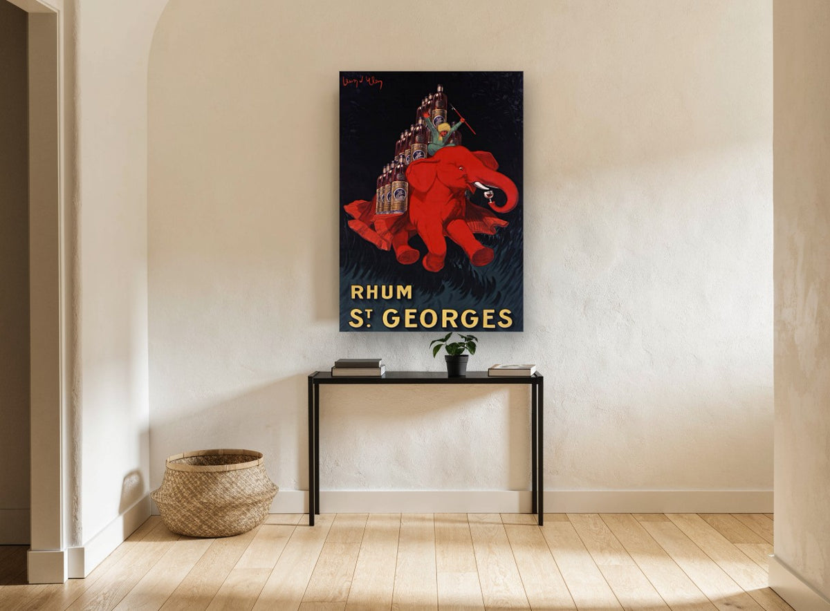 Red Elephant Rhum vintage canvas print on the wall of a hallway