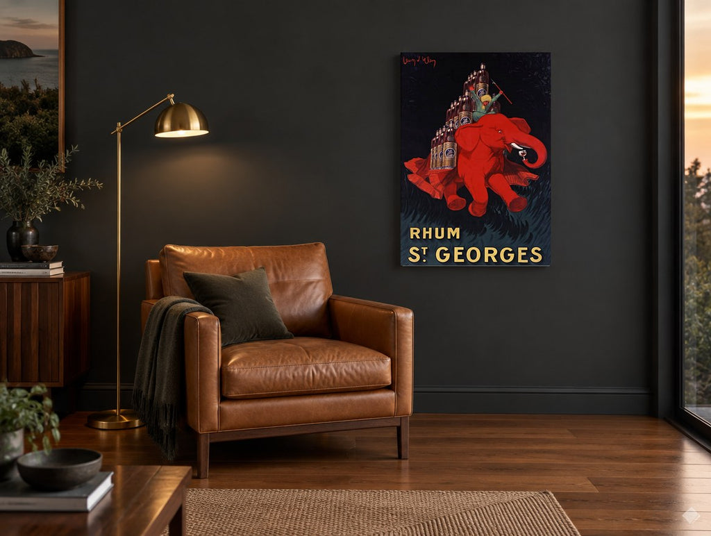 Red Elephant Rhum vintage canvas print on the wall of a charcoal living room