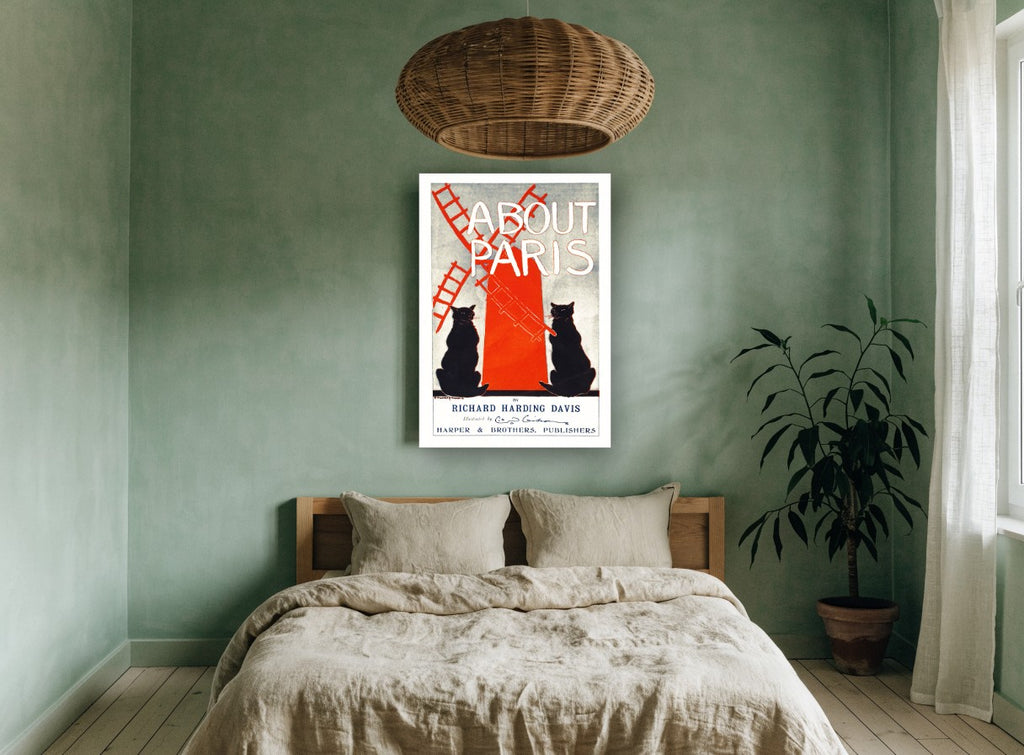 Cats at the Red Mill vintage canvas print on the wall of a bedroom