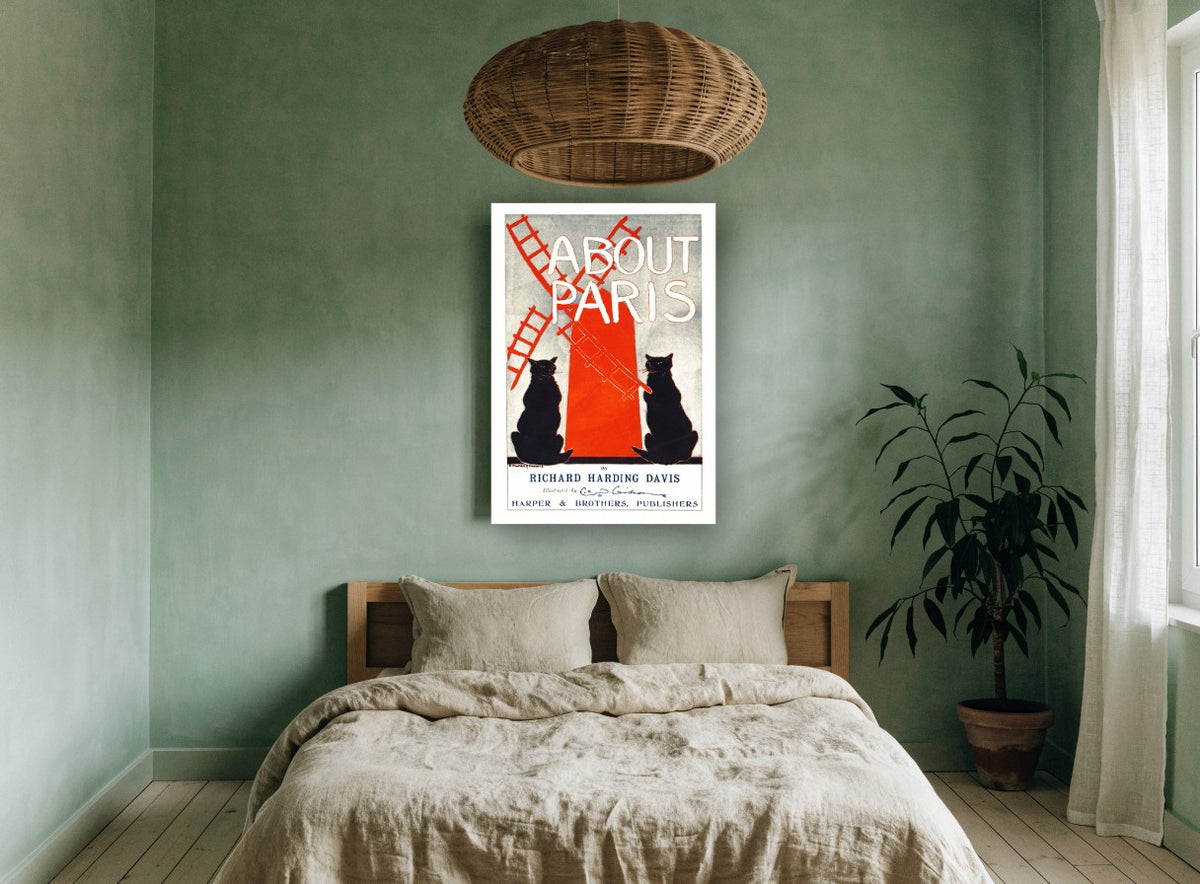 Cats at the Red Mill vintage canvas print on the wall of a bedroom